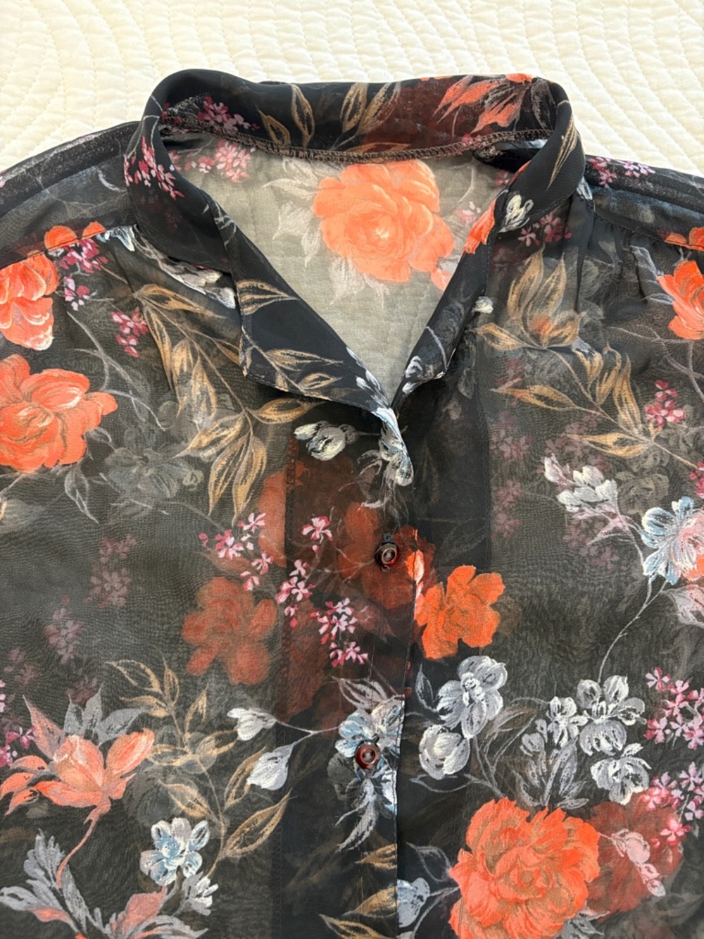 Sheer Black Floral Button-Up Blouse - Picture 3 of 7